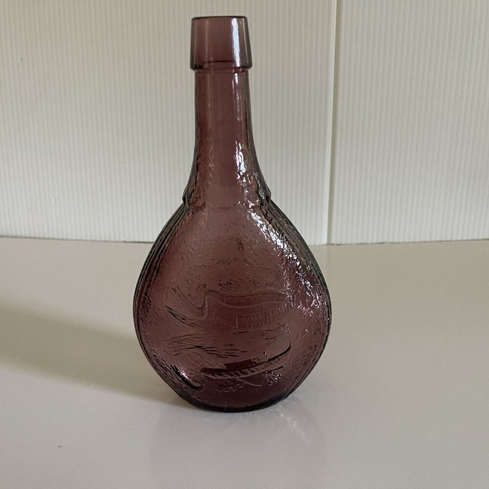 Vintage Wheaton NJ Glass Flask Amethyst Purple Union Handshake Dove Bottle 9.5"